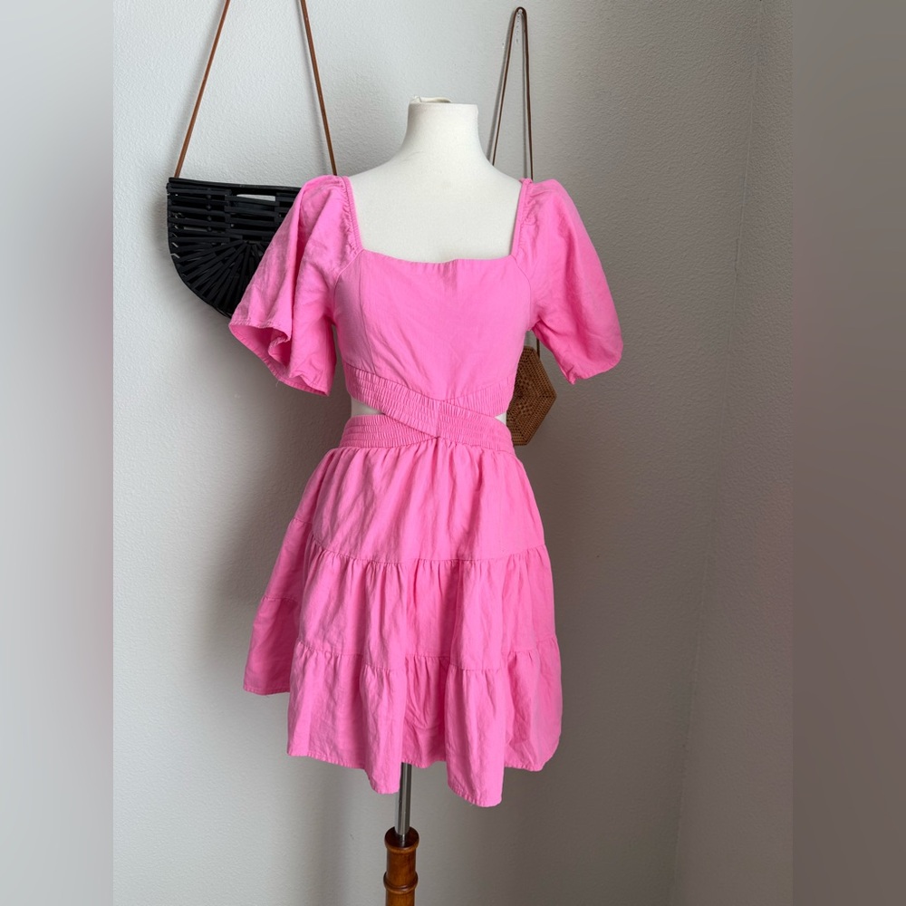 OWNGIGI Pink Square Neck Crossover Elastic Waist Mini Dress, Size Small